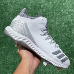 ADIDAS ICON BOUNCE MID “WHITE / SILVER” METAL BASEBALL CLEATS (Size 12, Men’s)