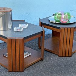 Pair of mid century Lane walnut and laminate octagonal end tables