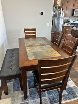 Dining Table Set w/ Slate Tile Inlay - Table, Bench, & 4 Chairs