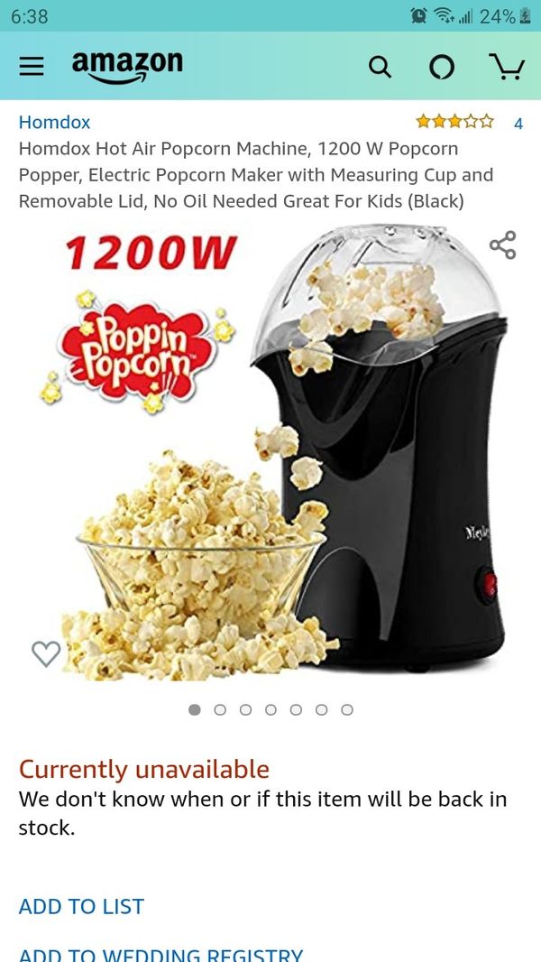 1200W Black Popcorn Machine No Oil Popcorn Popper with Measuring Cup Hot Air Popcorn Popper Maker