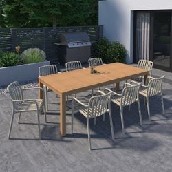 BRAND NEW 9 Pieces Rectangular Stackable Dining Set Made Of 100% FSC Teak Finish Wood For Outdoor & Patio Furniture Set.
