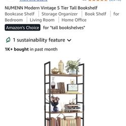 NUMENN Modern Vintage 5 Tier Tall Bookshelf Bookcase Shelf Storage Organizer Book Shelf for Bedroom Living Room Home Office
