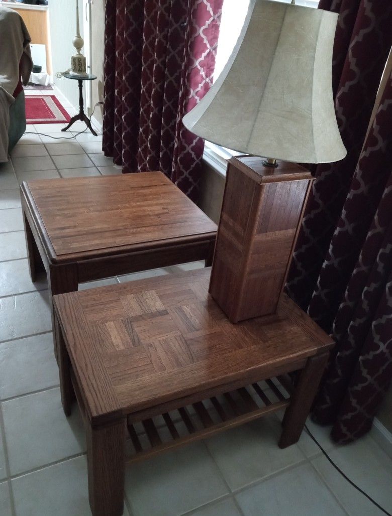 OAK END TABLES WITH MATCHING LAMP