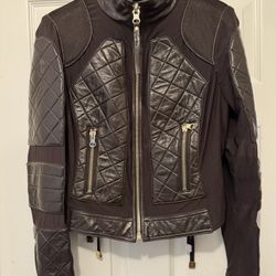 Blanc Noir Mesh Moto Jacket -Leather Moto Mesh Jacket - Brown/Gold Trims size large