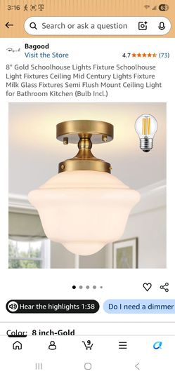 8" Gold  Semi Flush Ceiling Light