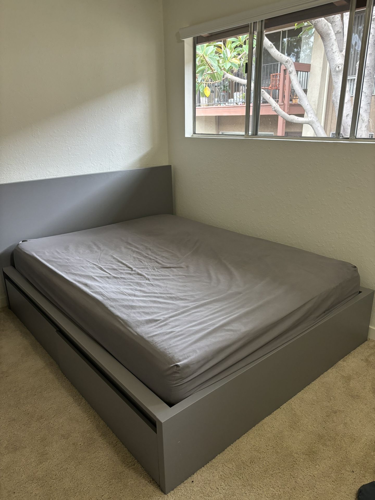 Queen Size Bed Frame (Ikea Malm) with two storage boxes