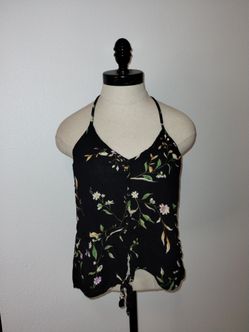 IRIS Juniors Black Waist Front Tie Loose Tank Size Medium Floral