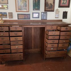 Antique Oak Apothecary Watchmaker Cabinet Desk / 24 Drawers