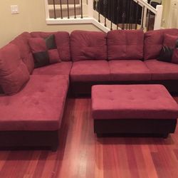 Red Microfiber Sectional Couch And Ottoman