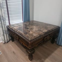 Luxury Marble Top Coffee Table Set – 4 Piece Ornate Wood (Coffee + 2 End + Sofa Table)