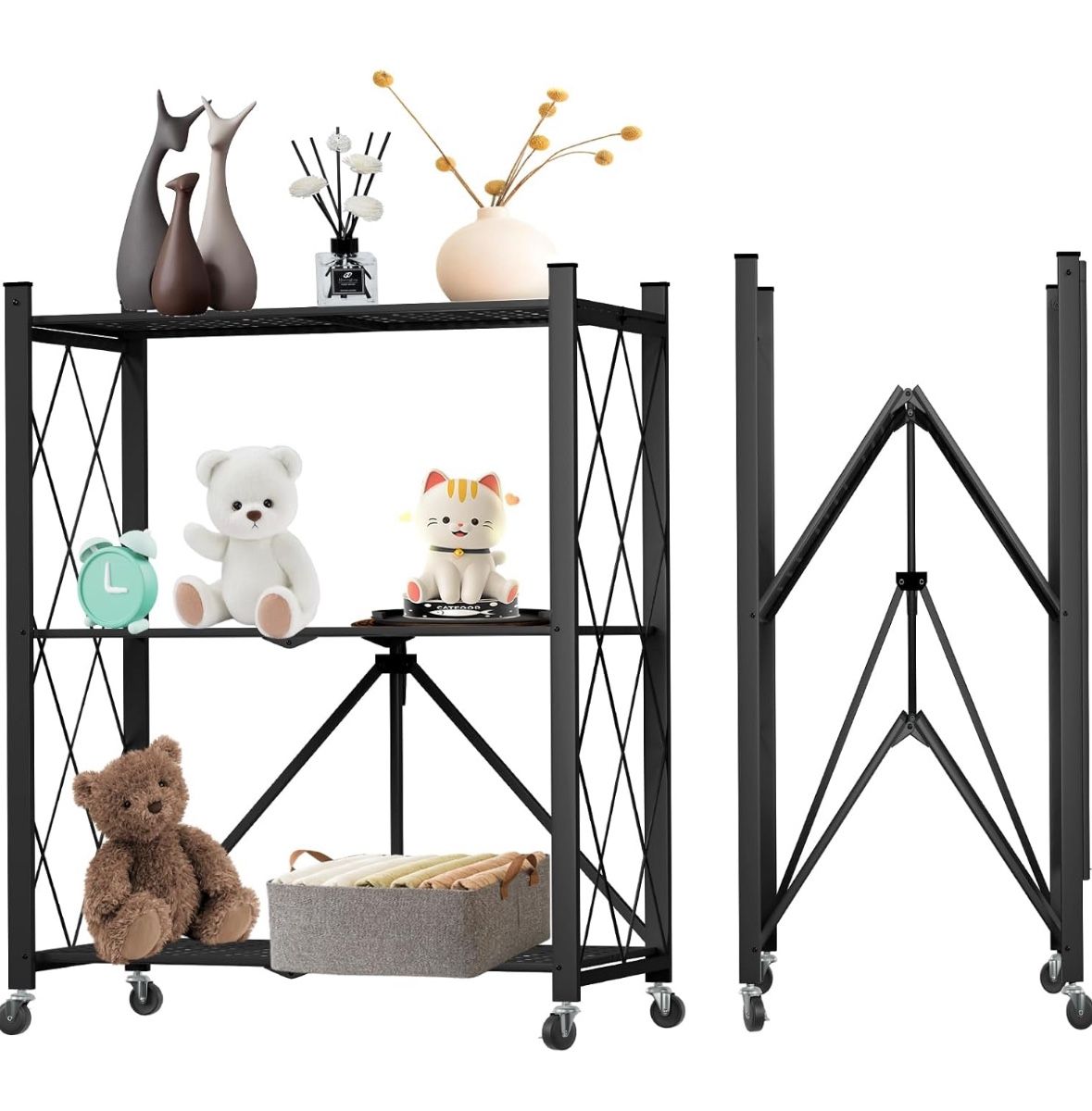 3 Tier Foldable Storage Shelf with Wheels, Heavy Duty Garage Shelving Unit Loads 550 LBS