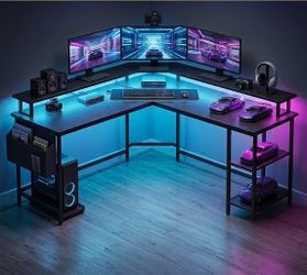 58" L-Shaped Gaming Desk with LED Lights & Power Outlets