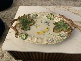 “Old World Rabbits” 19” Oval Handled Serving Platter, Porcelain; Butterflies, Foliage, Weave Basket Rim - Pompano Beach
