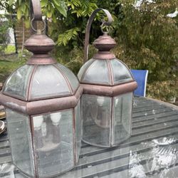 Pair Large Ornate Vintage Brass Beveled Glass Panels Outdoor Light Wall Fixture Sconces~Used-Working
