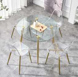 5 -Pc Glass/Gold Dining Set:   40" Round Glass Dining Table w/ Gold Legs & Set of 6  - Clear Acrylic Chairs w/ Gold Legs [NEW] **Assembly Req**