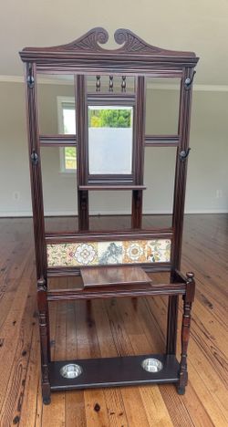 Vintage Mahogany Hall Tree with Ornate Decorative Tiles, Drawer and Beveled Mirror - 35x12x80