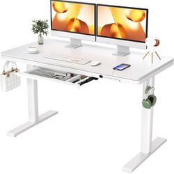 White Standing Desk with Drawers 48" Electric Height Adjustable Desk Charging USB Port Sit Stand up Desk Whole-Piece Quick Install Home Office Compute