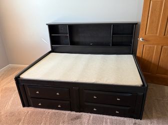 Black Wood Storage Bed with Bookcase Headboard