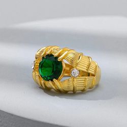 Sterling Silver Round Emerald Green Gemstone Unique Gold Tone Ring - Size 7