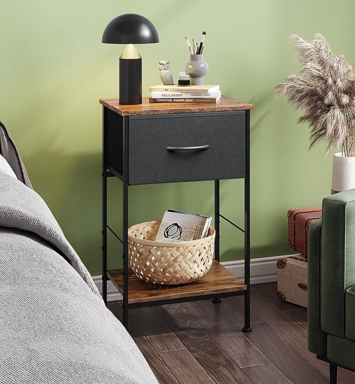 Nightstand, End Table with Fabric Storage Drawer and Open Wood Shelf, Bedside Furniture with Steel Frame, Side Table for Bedroom