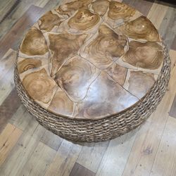 Brown Round Rattan and Teak Wood Coffee Table