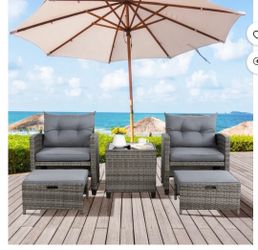 5 Piece Patio Furniture Set,Outdoor PE Wicker Patio Chair Two with Ottoman Underneath, Wicker Lounge Chair with Side Table, Gray