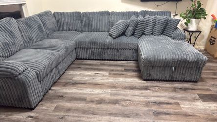 Large Gray Corduroy Sectional Sofa with Chaise