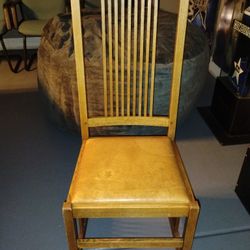 Oak Wood Chair  With Leather Seat.