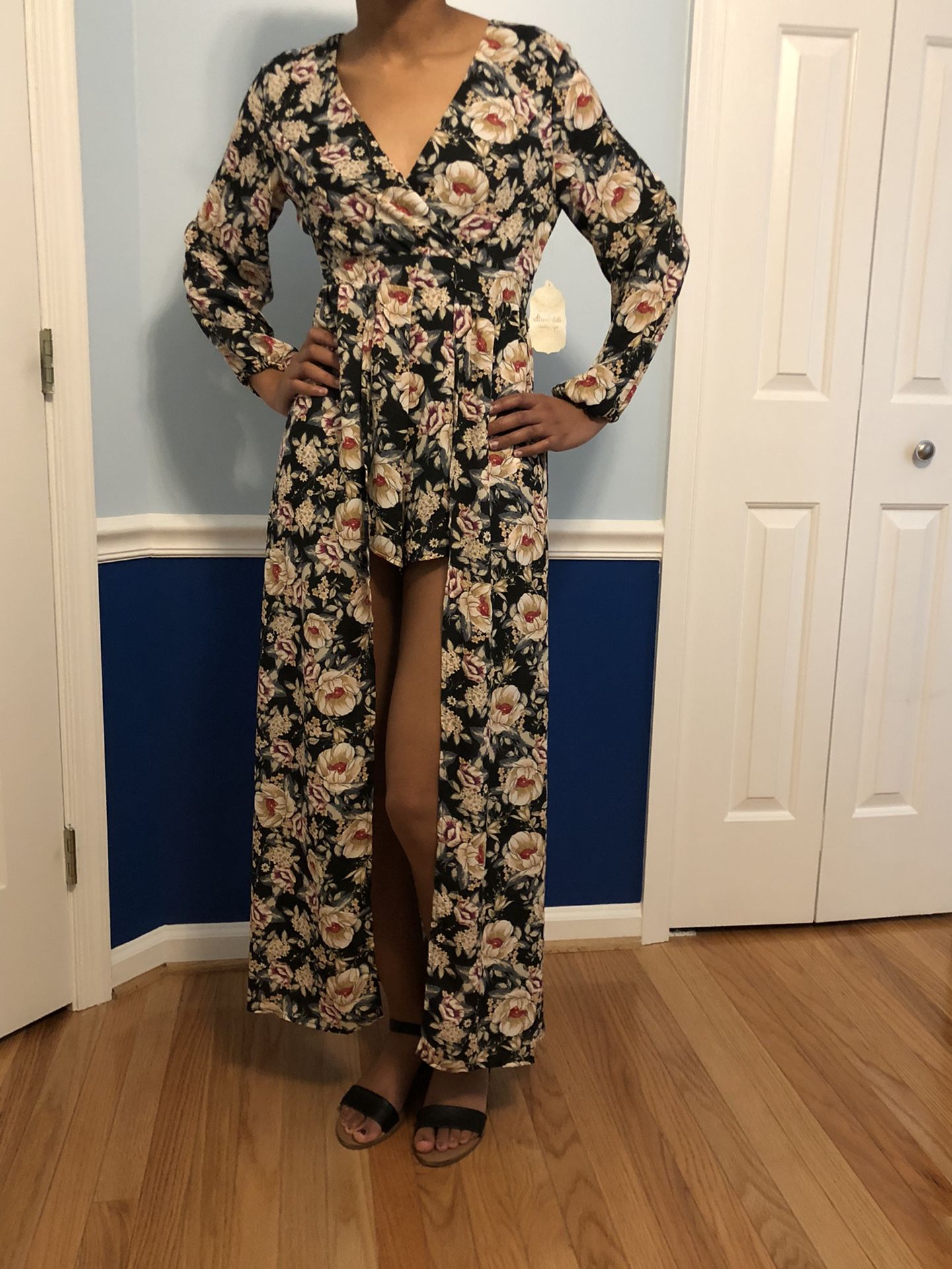 Altar'd State Floral Maxi Dress Romper Long Sleeve V-Neck Wrap Womens Sz S NWT