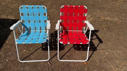 Vintage Retro Webbed Lawn / Patio Chairs (Set of 2, Blue & Red)