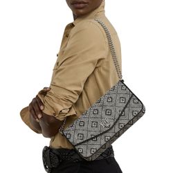 NWT Lauren Ralph Lauren Geo-Motif Woven Straw Med Sawyer Bag Black/natural Geo