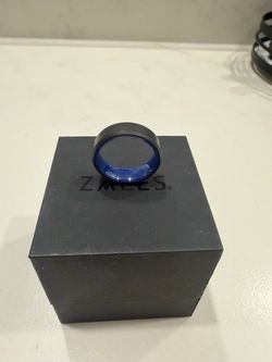7.0mm Beveled Edge Engravable Wedding Band in Black Tungsten and Blue Ceramic