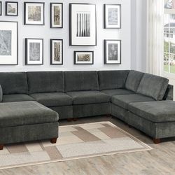 Brand New Plush Grey Chenille 7pc Modular Sectional Sofa