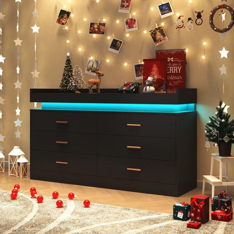 6 Drawer Dresser with LED Light and Charging Station, Modern Chest of Drawers for Closet, Wide Drawer Organizer Cabinet for Bedroom, Living Room, Entr