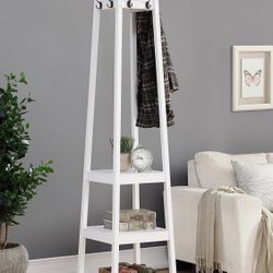 Roundhill Furniture Vassen Coat Rack with 3-Tier Storage Shelves, White Finish