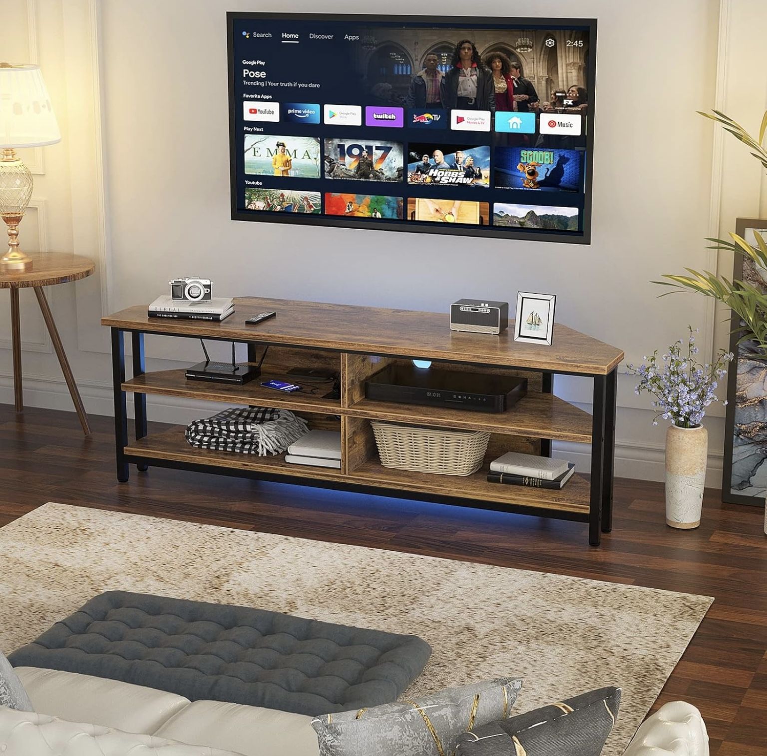 Corner TV Stand with Power Outlet, Corner Entertainment Center TV Console Table with 4 Open