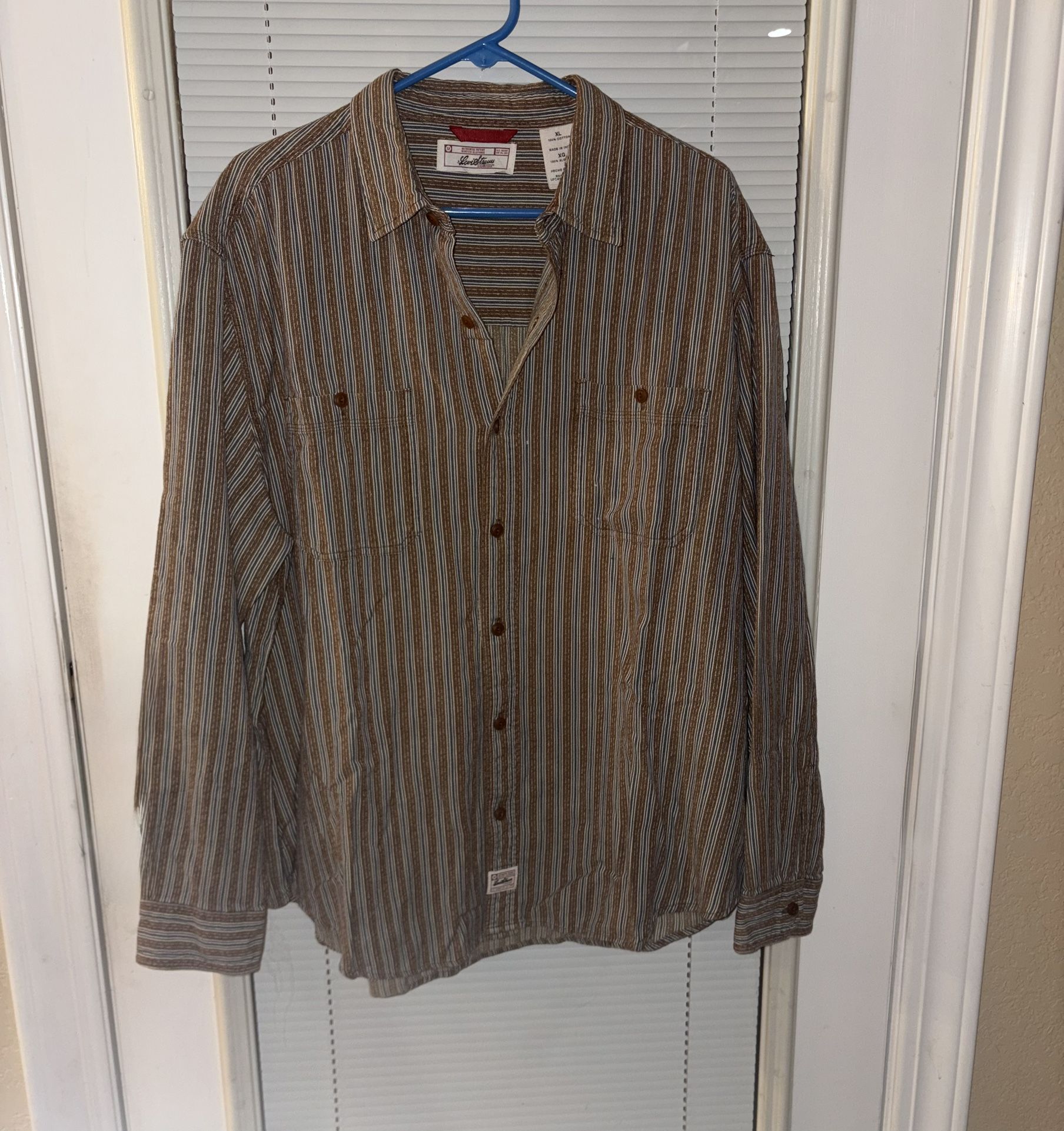Signature by Levi Strauss & Co. men's long-sleeve, striped button-up shirt in brown, blue, and tan cotton XL
