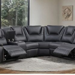 Brand New Black Leather Reclining Sectional Sofa