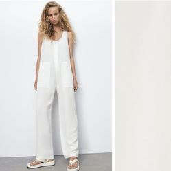 NWT. Zara White Long Flowy Overalls/Sleeveless Jumpsuit