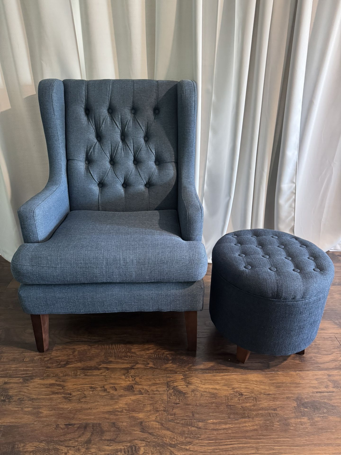 Blue Wingback Accent Chair with Ottoman