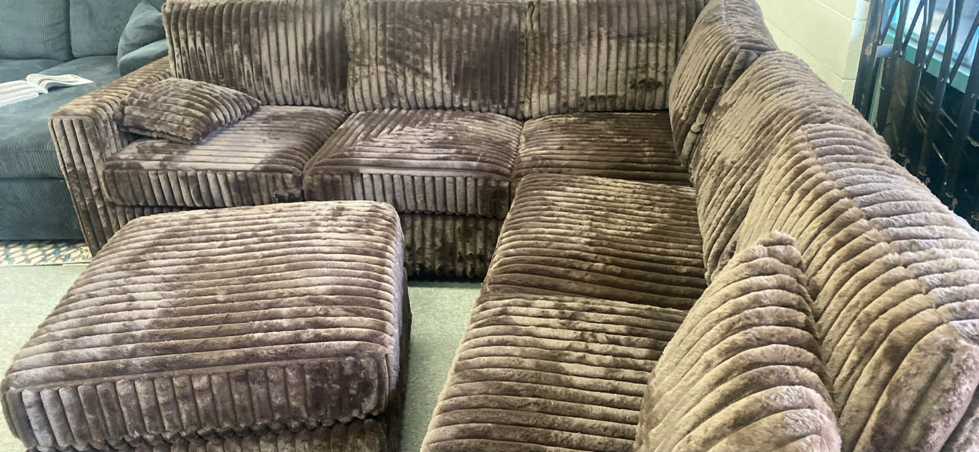 New Brown Furry Corduroy Sectional Couch With Ottoman / Free Delivery 