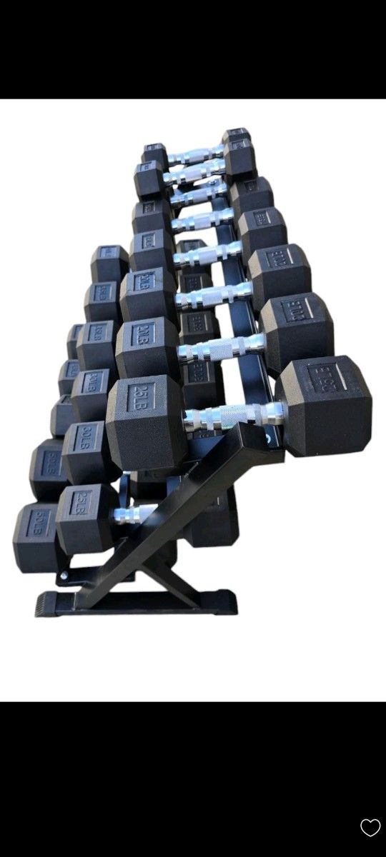 RUBBER HEX DUMBBELLS SET:
5lb - 30lb. WITH RACK.
