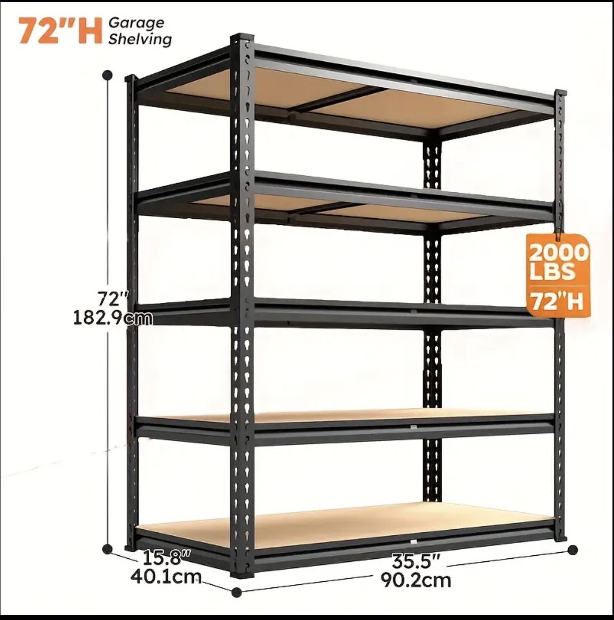72” 5 Tier Garage Shelving Heavy Duty, Adjustable Metal Shelving Unit 72" H x 35.5” W x 15.8" D, Black