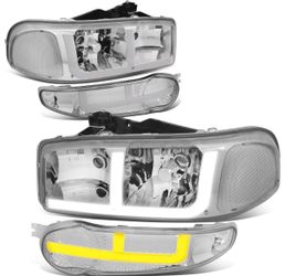 01-06 GMC Yukon Denali Chrome Clear LED Switchback Strip Headlights Parking Lights