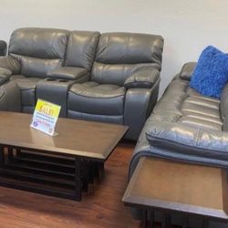 New Year Sale Event. Madrid, Leather Reclining Sofa, Loveseat, And Chair Only $1299. Easy Finance Option. Same Day Delivery