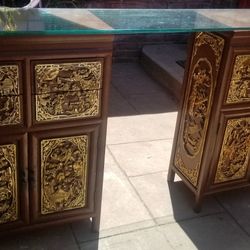 Chinese Ornate Hand Carved  Chinese Cabinets With Thick Glass Top.