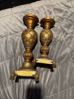 Vintage Baroque Gold Resin Pillar Candle Holders Pair Ornate Heavy - DAMAGED