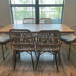 6 person Dining Set w/ 60” White Oak Table & 6 Rattan Chairs