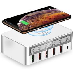 USB Fast Charger, Multi-Port 100W-6 Port USB Fast Charging Station，FUHAOXUAN with Quick Charge 3.0 QC 3.0 and PD Speed Charger with 10W Max Wireless 