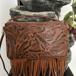Leather Fringe Crossbody Wristlet 